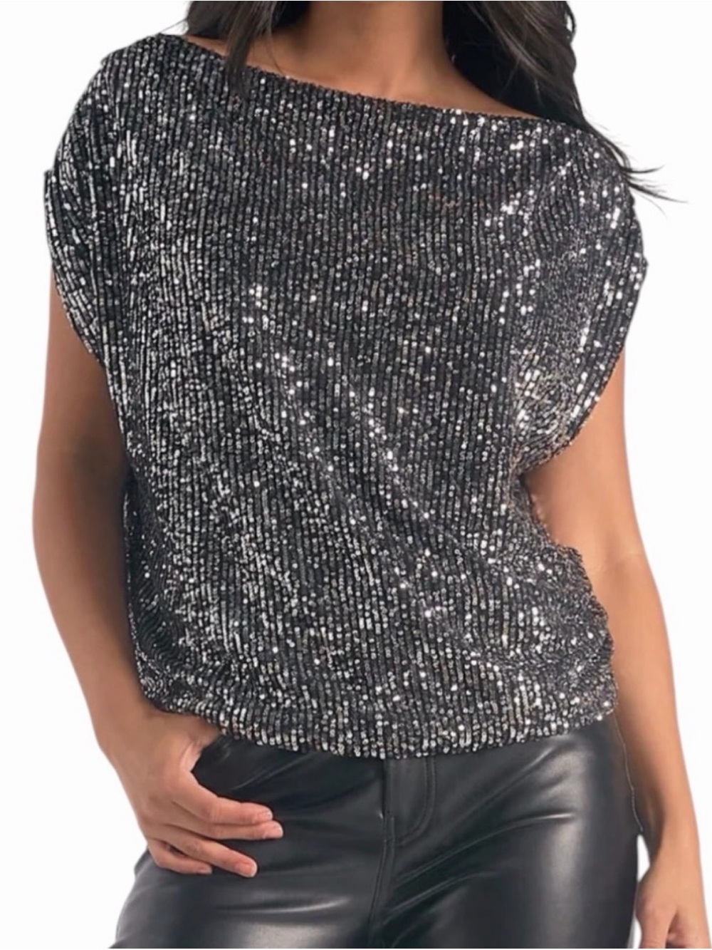 Elan Sequin Boatneck Cap-Sleeve Top - Black